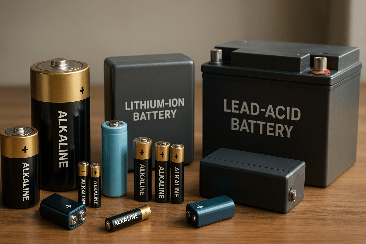 Different types of batteries displayed on a table