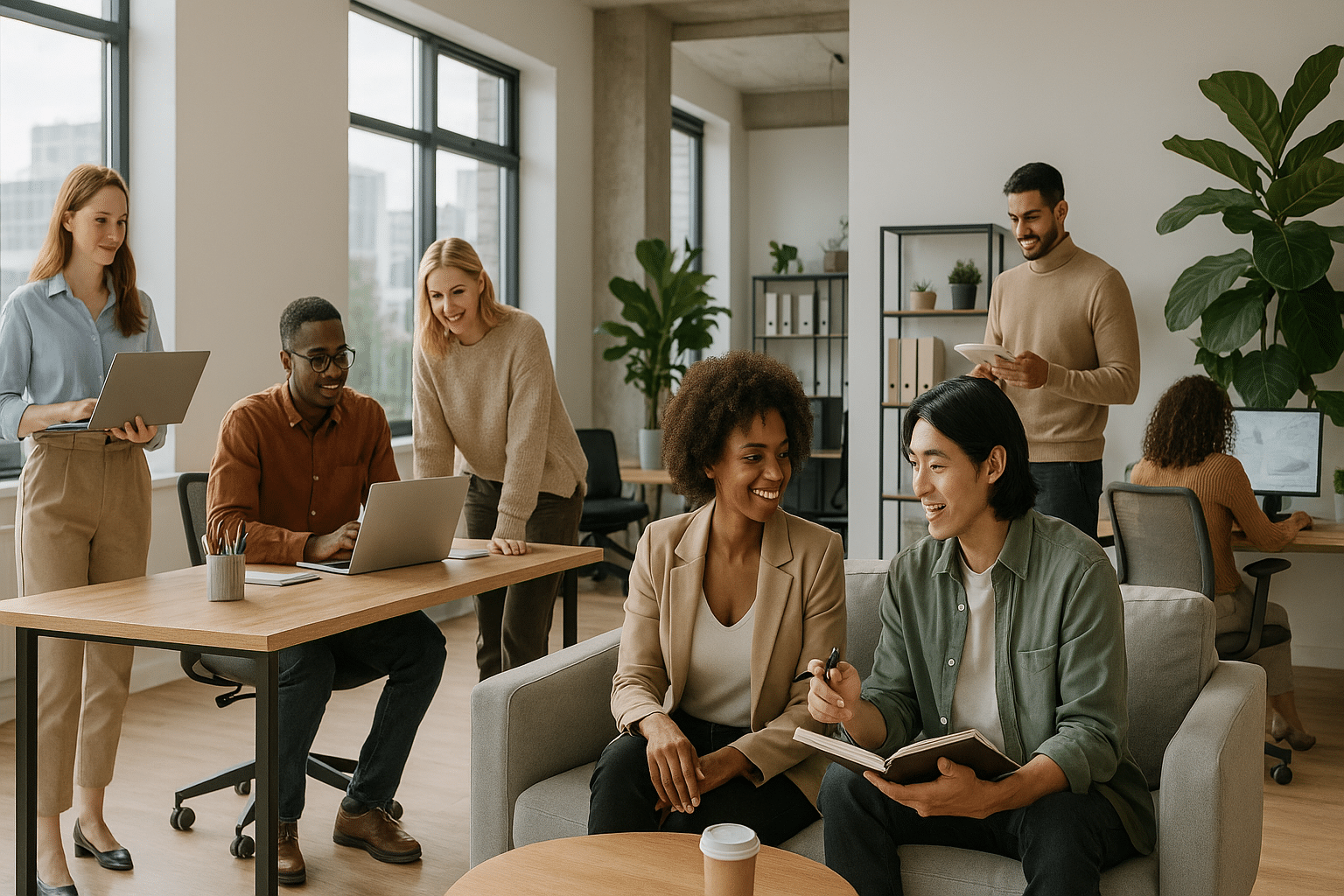 Diverse team collaborating in a modern office space