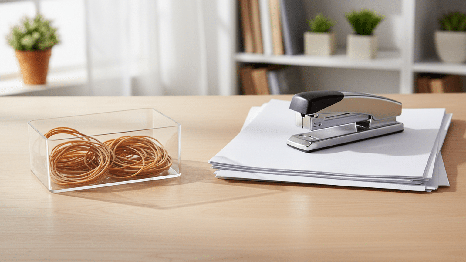 Beige Viking rubber bands in an acrylic container on a bright office desk with documents and a stapler.
