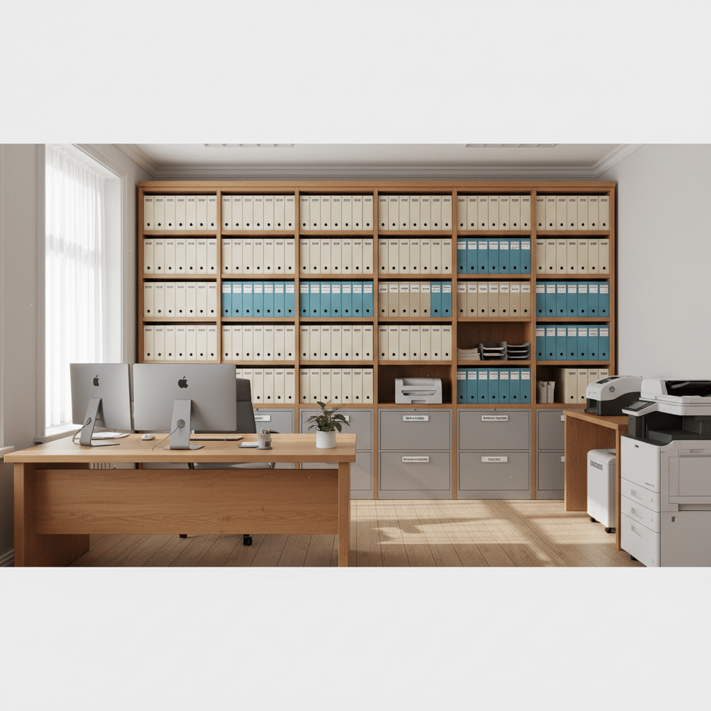 Organized office space with labeled files and equipment