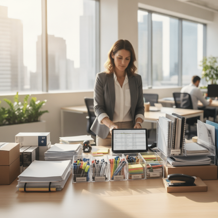 Office manager efficiently organizes supplies on the desk