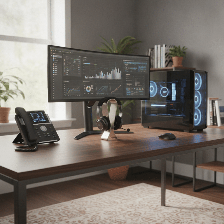 Efficient workspace with phone computer and headset essentials