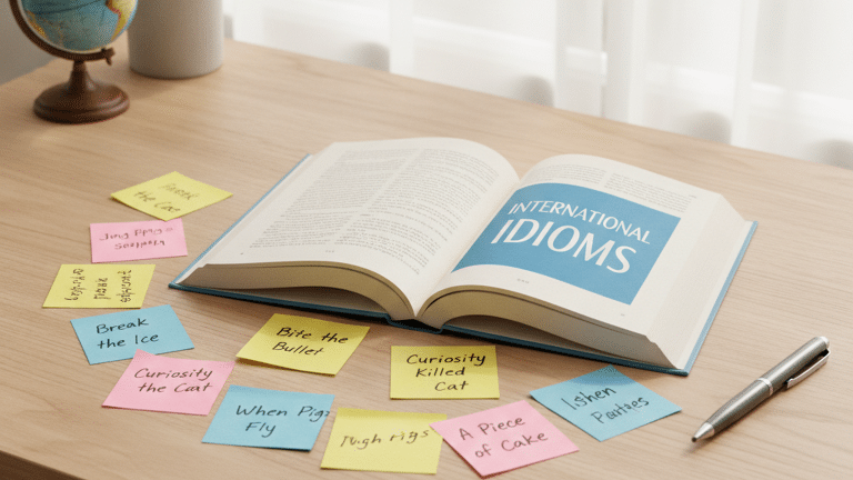 Flat-lay of an open book titled "International Idioms" on a light wooden desk in a bright workspace.