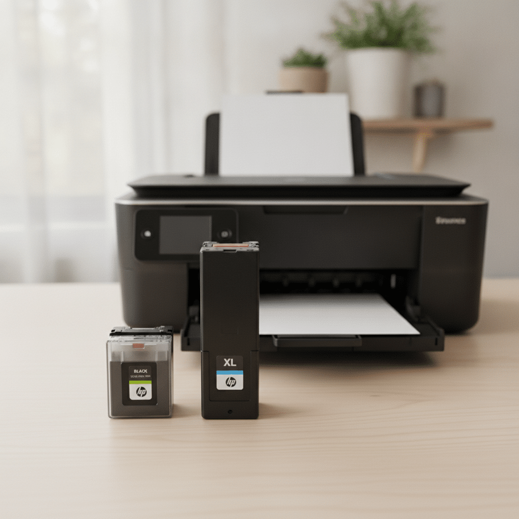 Standard and XL ink cartridges next to printer