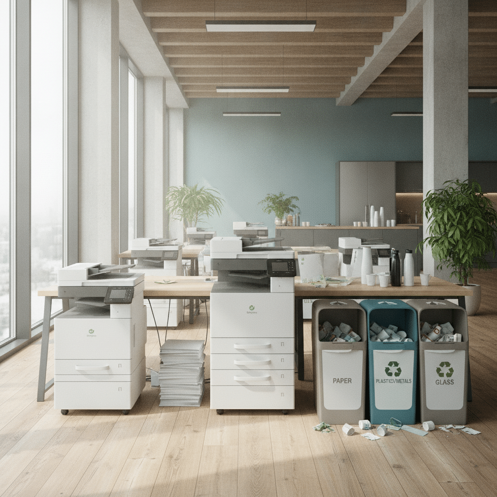 Sustainable office with ecofriendly printers and recycling bins