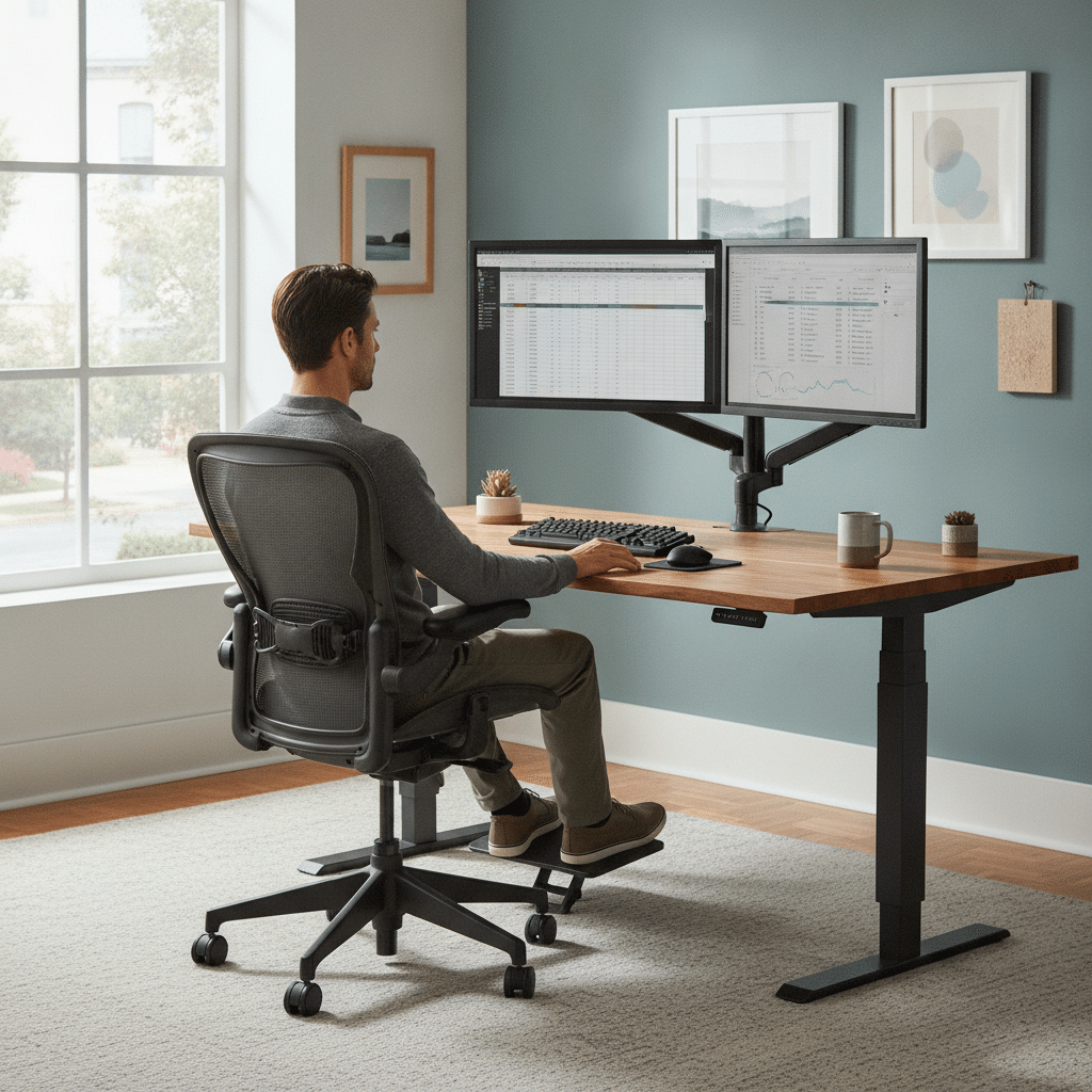 Office worker enjoys comfort at ergonomic desk setup