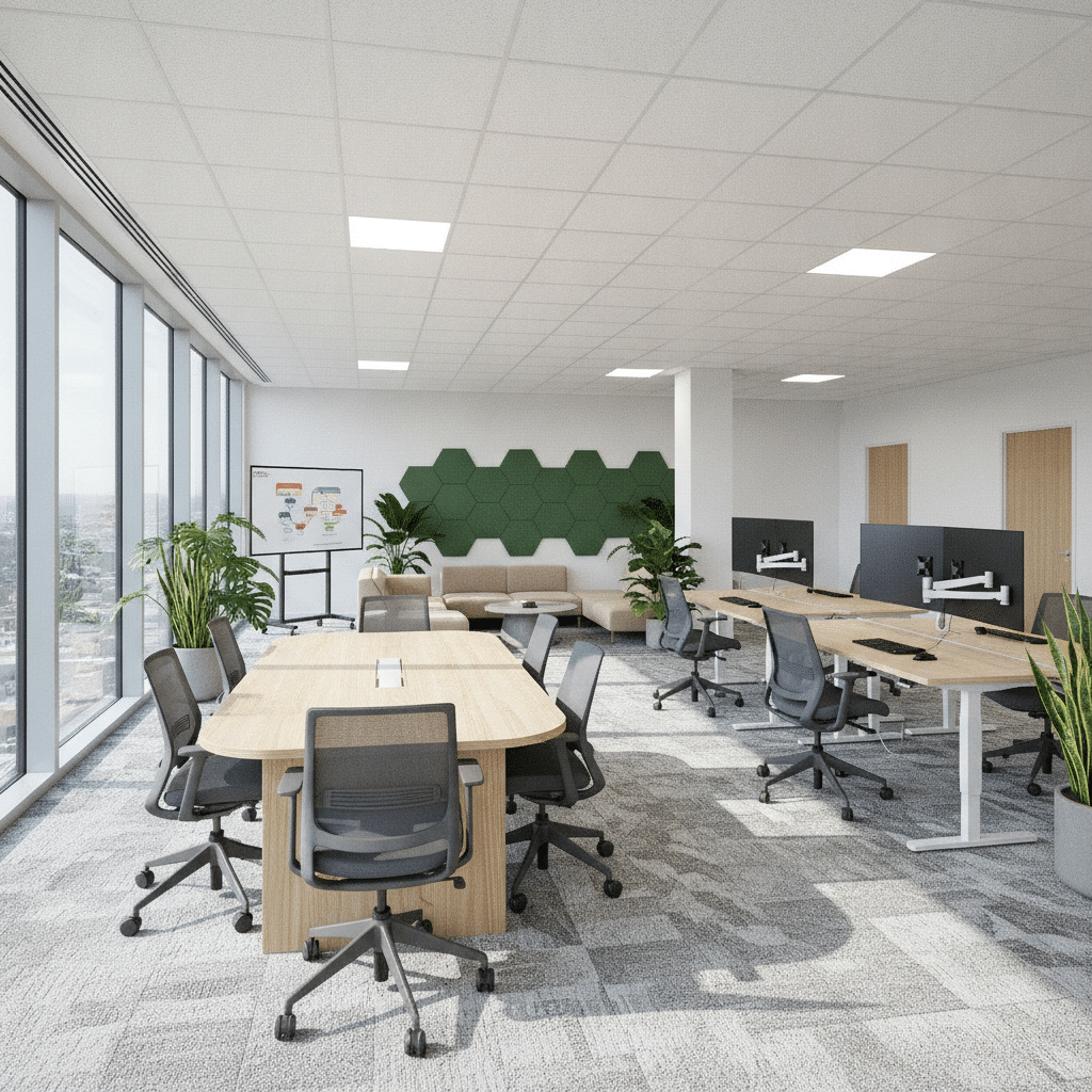 Hybrid workspace featuring ergonomic design and advanced technology