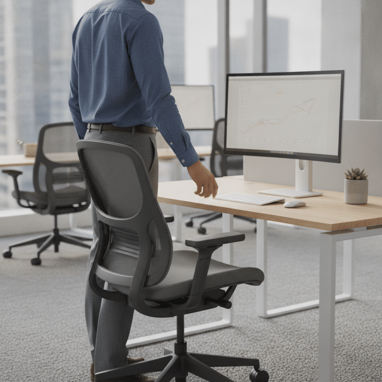 Office worker adjusts ergonomic chair in modern workspace