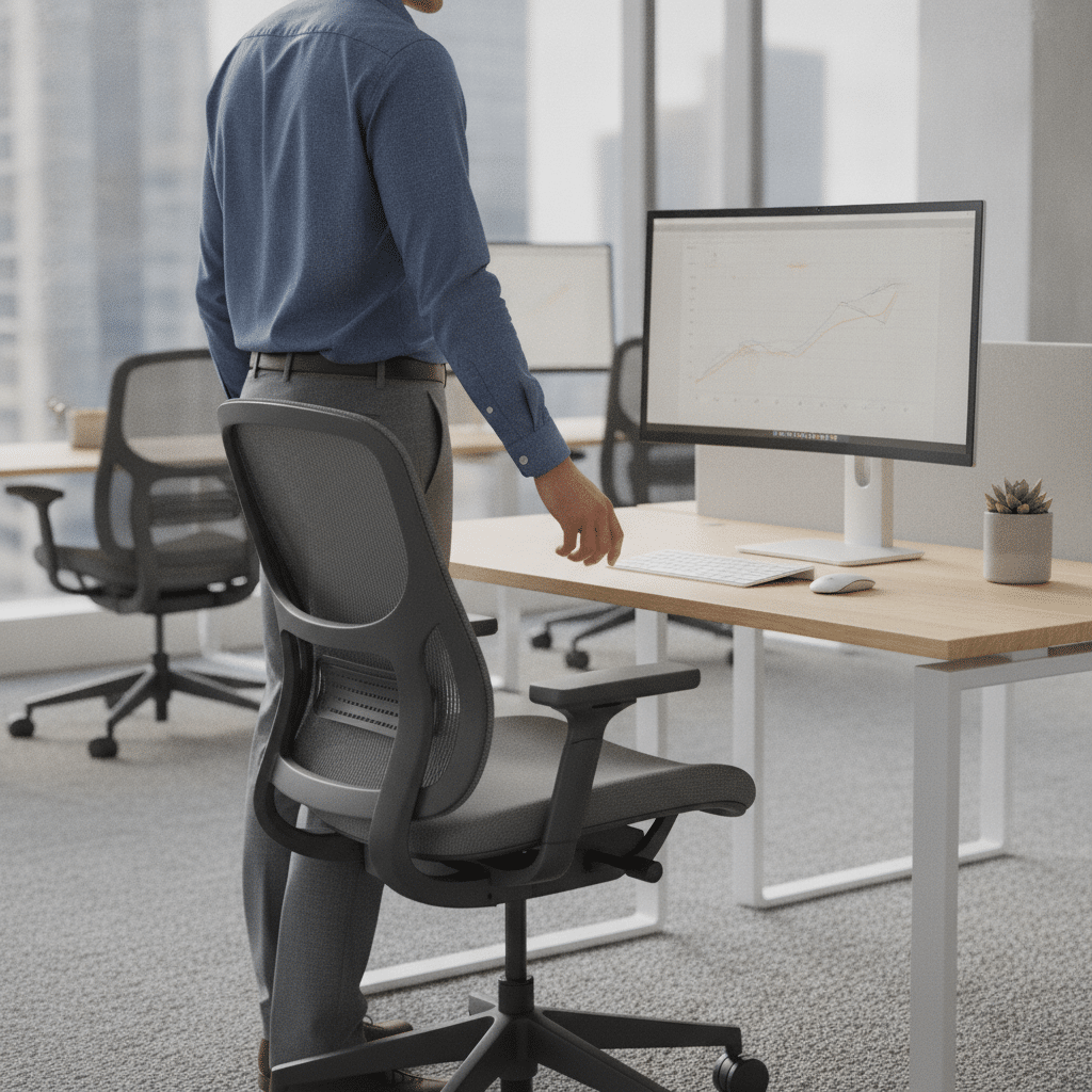 Office worker adjusts ergonomic chair in modern workspace