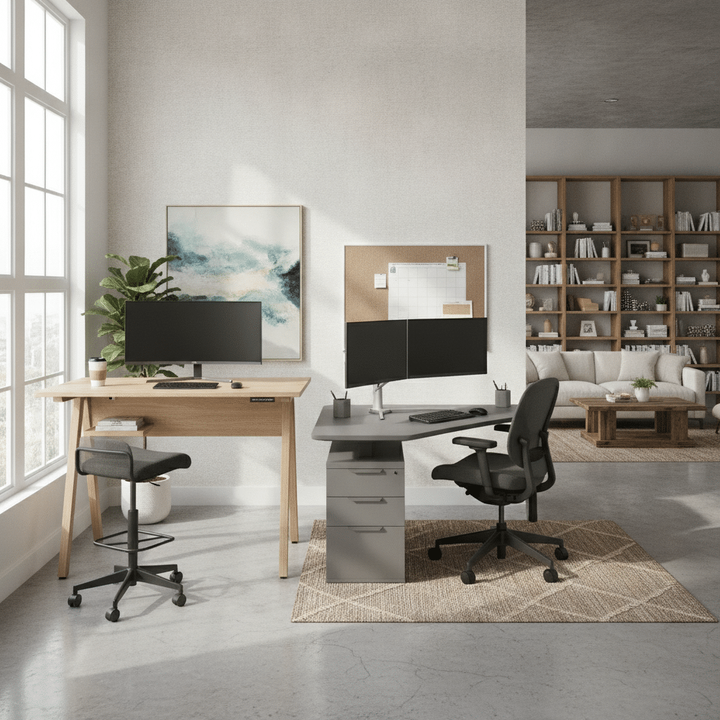 Modern office featuring standing and sitting desk setups