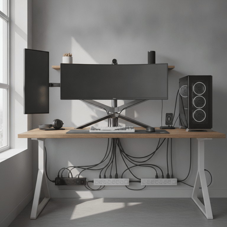 Modern office electronics organized with reliable surge protection