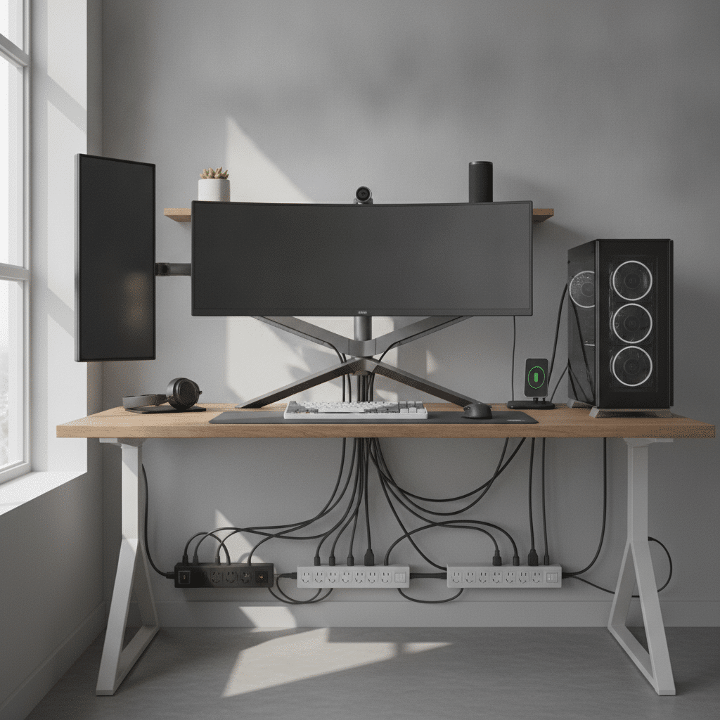 Modern office electronics organized with reliable surge protection